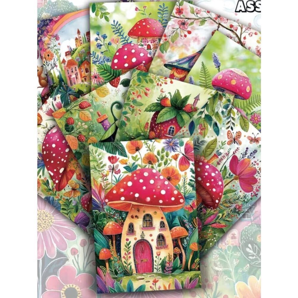NWT Vintage Whimsical Fairy Cottage Mushroom House 4x6 Cards Paper Pack Craft